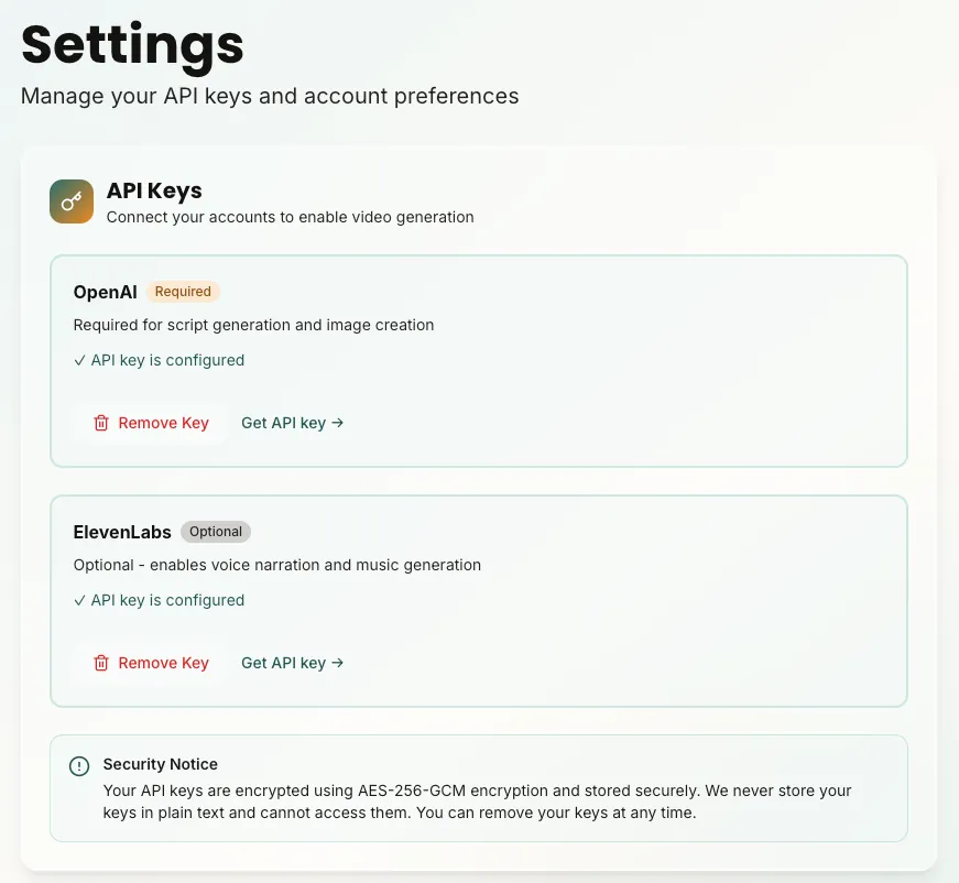 API keys settings page
